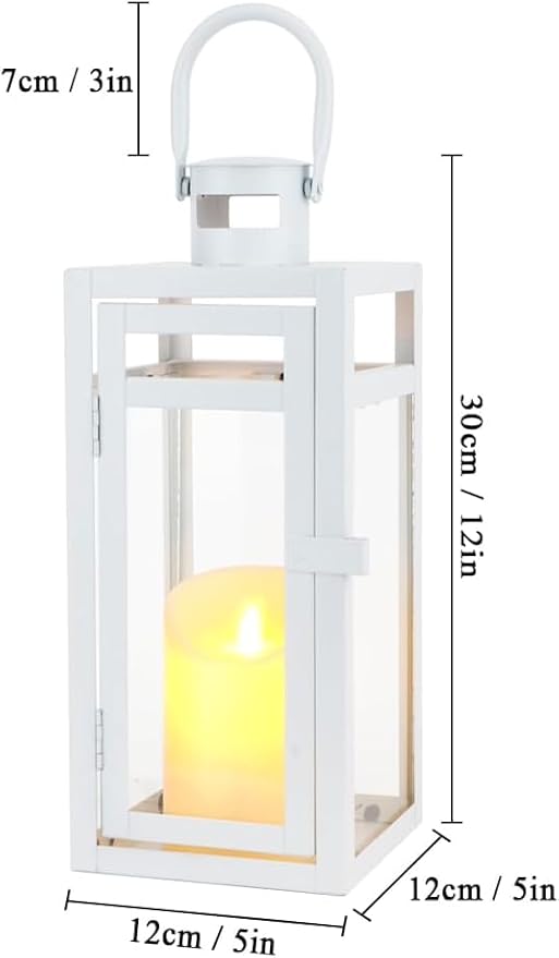 TRIROCKS Set of 2 Decorative Candle Lantern 12'' High Metal Candle Holder with Tempered Glass Perfect for Home Decor Living Room Parties Events Tabletop Indoor Outdoor (White)