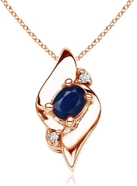 Angara Natural Blue Sapphire Pendant for Women | Shell Style Oval Sapphire and Diamond Pendant in 14K Solid Gold/Silver/Platinum With 18" Chain | September Birthday, Gemstone Jewelry Gift