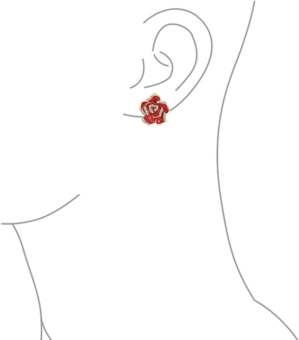 Pink Red Enamel Flower Crystal Edge Spring Retro Floral Rose Clip On Earrings For Women Non Pierced Ears 14K Gold Plated