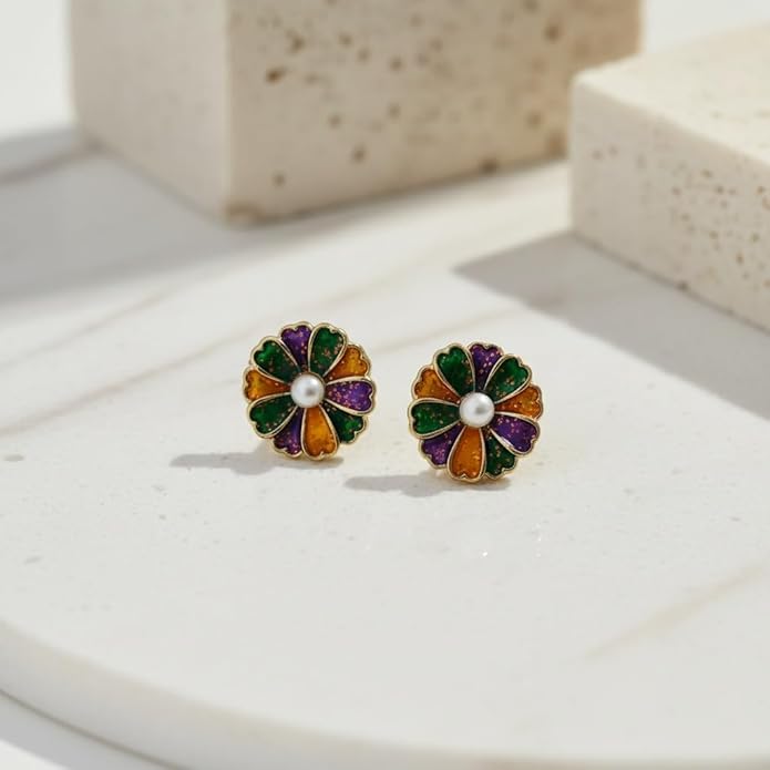 MardiGras Stud Earrings for Women Glitter Delicate Compact Flower Mask Hat Lips Stud Earring Charm Green Purple Gold Carnival Earring Cute MardiGras Jewelry Accessories for Women