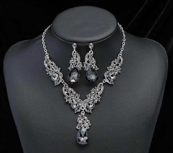 Secret for Longevity Silver Tone Antique Style Art Deco Grey Smokey Topaz Slate Rhinestone Statement Wedding Bridal Prom Chunky Statement Earrings Necklace Gift Set