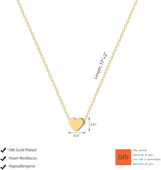 Zeffy Cute Heart Necklace 18k Gold/Silver Plated Tiny Heart Pendant Choker Necklaces Gold Love Heart Chain Necklace for Women Dainty Gold Jewelry Valentines Day Gifts for Women Girls Teen Girls