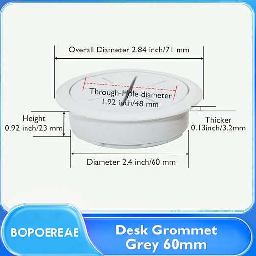 Desk Grommet 2-3/8" (60 mm), Desk Hole Cover for Cables Grey, Cable Grommet ABS Plastic, Desk Hole Grommet for Office and Home Table Cable, Detachable & Flexible Cable Cord Organizer-2 Pcs
