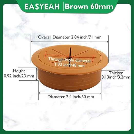 2 Pcs Desk Grommet 2-3/8" / 60 mm, Desk Hole Cover for Cables Brown, Cable Grommet ABS Plastic, Desk Hole Grommet for Home & Office Pc, Detachable Cable Cord Organizer