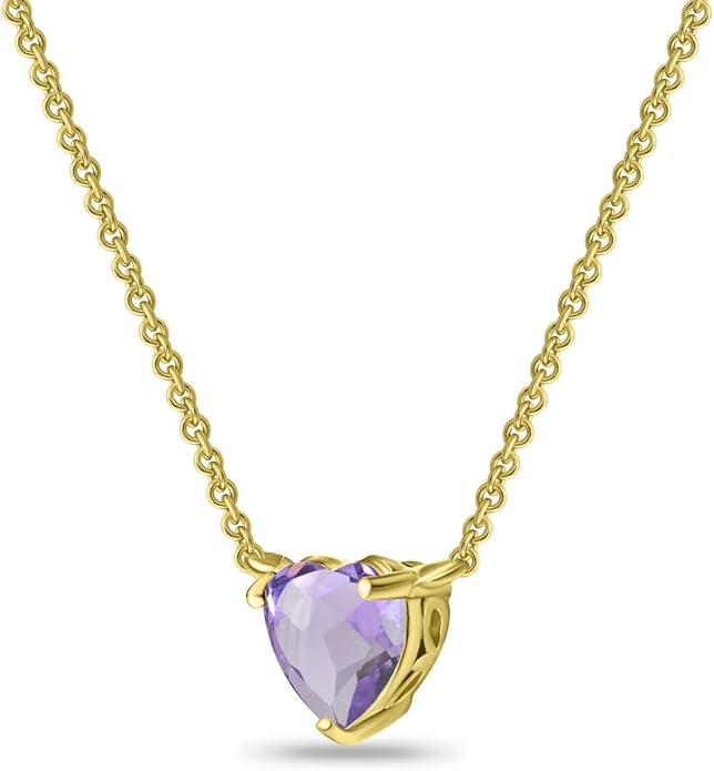 Birthstone Necklace for Women - Genuine or Synthetic Gemstone, 7mm Heart Solitaire, Short Dainty Layered Choker, Silver
