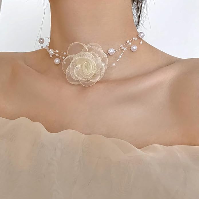Boho Flower Pearl Choker Necklace for Floral Choker,Women Dainty Pearl Beaded Chain Collar Necklace Flower Necklace for Women Trendy Jewelry