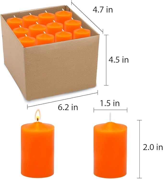 24 Packs Orange Colored Votive Candles, Unscented Small 1.5 Inch by 2.0 Inch Fall Wax Candles for Thanksgiving Wedding, Party & Home Dinner Table - 12 Hour Burn Time