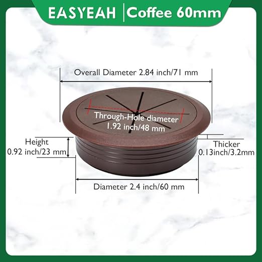 5 Pcs Desk Grommet 2-3/8" / 60 mm, Desk Hole Cover for Cables Coffee, Cable Grommet ABS Plastic, Desk Hole Grommet for Home & Office Pc, Detachable Cable Cord Organizer
