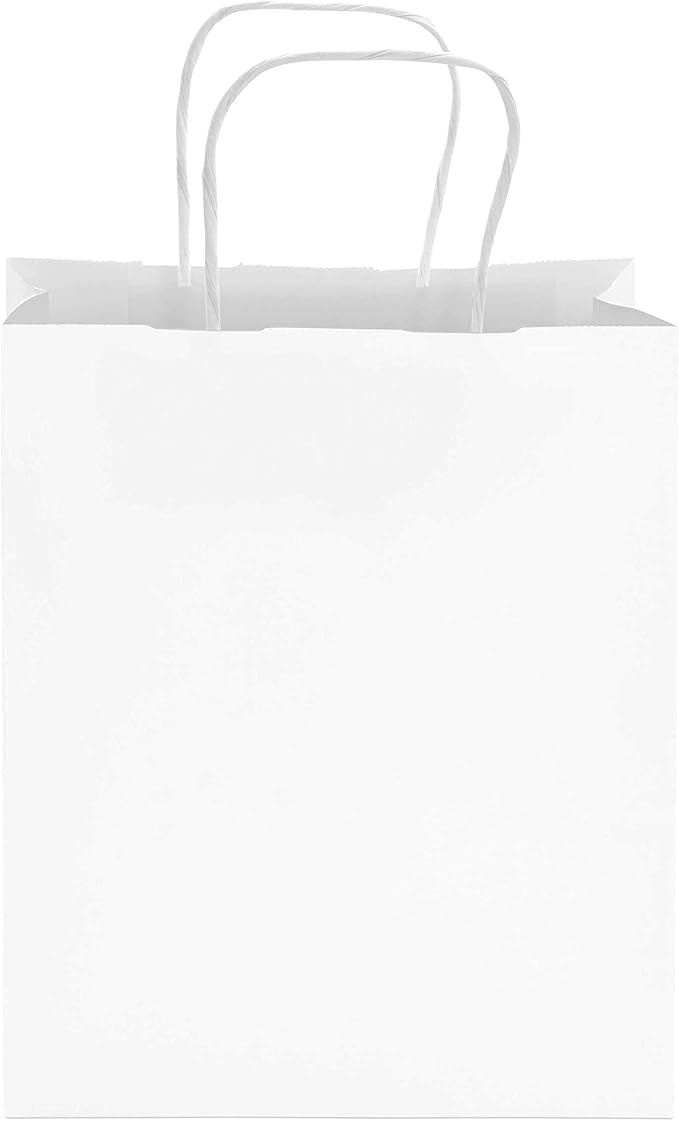 Prime Line Packaging White Paper Bags, Kraft Gift Bags with Handles for Small Business, Boutique, Retail, Shopping, Birthdays, Party Favors, Bulk, 8x4x10, 25 Pack