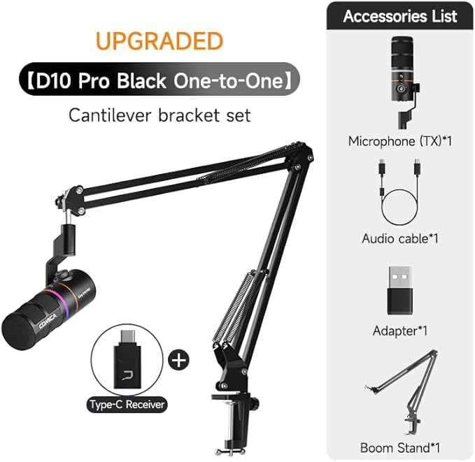 EJoy D10 PRO(A) USB Wireless Gaming Microphone – Boom Arm Mic with Wired/Wireless Modes, XLR/USB-C, Real-Time Monitoring, 45H Battery, RGB Dynamic Mic for Gaming, Streaming, Podcast, Recording (Black)
