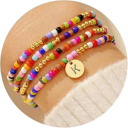 Set of 4 Colorful Bead Initial Bracelets, Personalized Stackable Jewelry, Adjustable Stretchy Charm Bracelets for Women, Beaded Bracelet Set, Trendy Custom Jewelry Gift