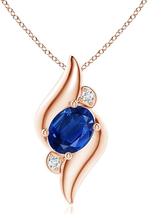 Angara Natural Blue Sapphire Pendant for Women | Shell Style Oval Sapphire and Diamond Pendant in 14K Solid Gold/Silver/Platinum With 18" Chain | September Birthday, Gemstone Jewelry Gift
