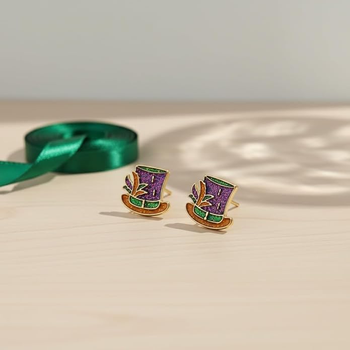 MardiGras Stud Earrings for Women Glitter Delicate Compact Flower Mask Hat Lips Stud Earring Charm Green Purple Gold Carnival Earring Cute MardiGras Jewelry Accessories for Women