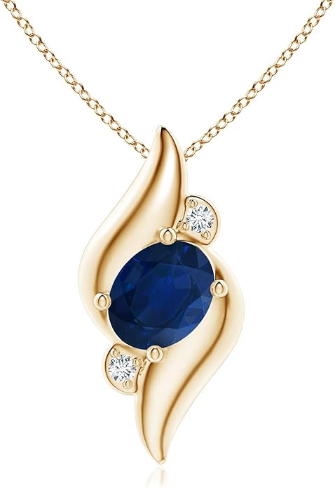 Angara Natural Blue Sapphire Pendant for Women | Shell Style Oval Sapphire and Diamond Pendant in 14K Solid Gold/Silver/Platinum With 18" Chain | September Birthday, Gemstone Jewelry Gift