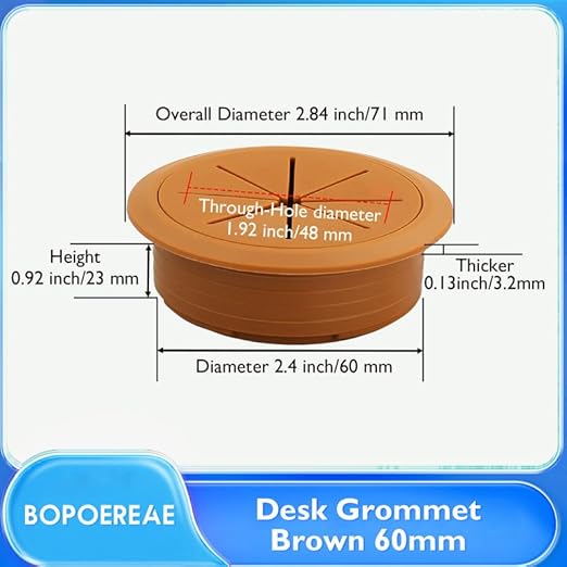 Desk Grommet 2-3/8" (60 mm), Desk Hole Cover for Cables Brown, Cable Grommet ABS Plastic, Desk Hole Grommet for Office and Home Table Cable, Detachable & Flexible Cable Cord Organizer-2 Pcs