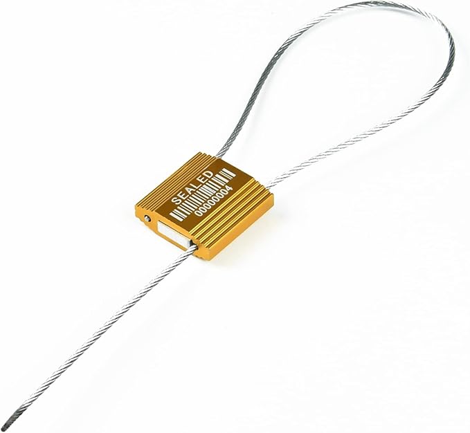100 Yellow Steel Cable Seals with Barcode, ISO 17712 Security Seals: Truck Seal, Anti-Tamper Pull Tite Tags, Self-Locking Safety Ties