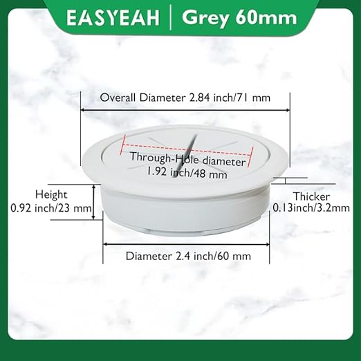 2 Pcs Desk Grommet 2-3/8" / 60 mm, Desk Hole Cover for Cables Grey, Cable Grommet ABS Plastic, Desk Hole Grommet for Home & Office Pc, Detachable Cable Cord Organizer