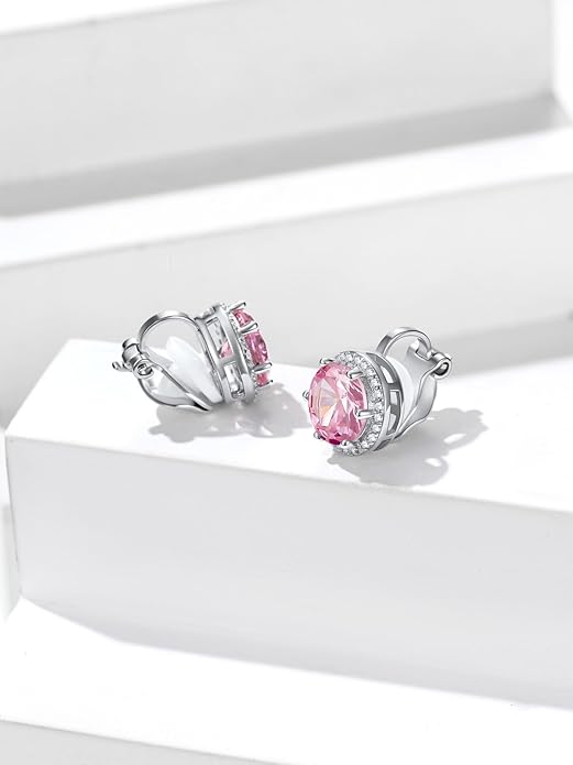 Silvora 925 Silver 8MM Cubic Zirconia Birthstone Clip On Stud Earrings Round Non Pierced Earrings For Women,Come with Box