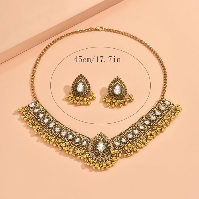 Indian Wedding Bridal Traditional Bohemian Jewellery Set for Women Girls Antique Oxidized Ethnic Party Prom Wear Statement Necklace Earring Tassel Bollywood Choker Punk Crystal Fashion Gift for Bride