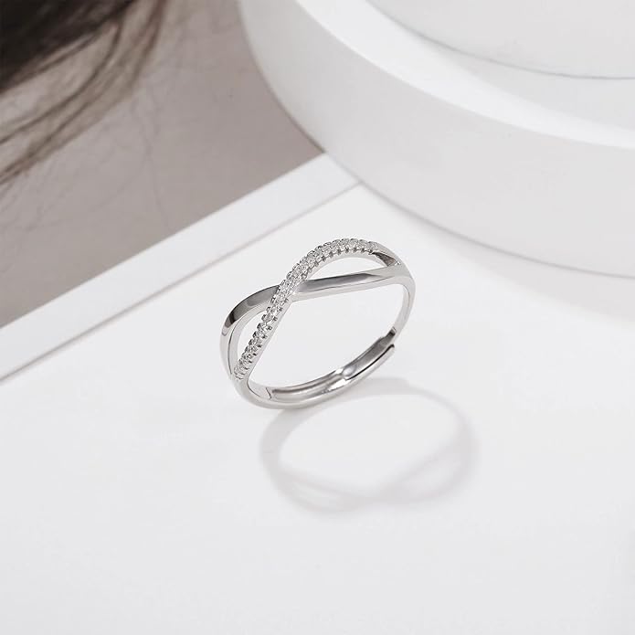 OOOPEL Sterling Silver Adjustable Ring S925 Silver Rings for Women Cubic Zirconia Twist Love Knot Dainty Ring Silver Minimalist Open Finger Rings Silver Thumb Sterling Silver Ring