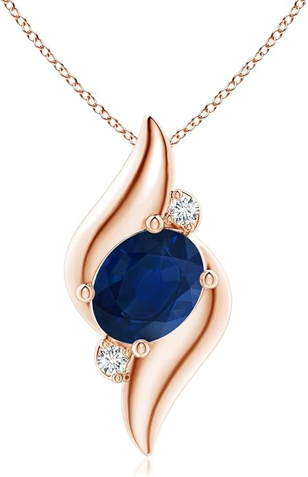 Angara Natural Blue Sapphire Pendant for Women | Shell Style Oval Sapphire and Diamond Pendant in 14K Solid Gold/Silver/Platinum With 18" Chain | September Birthday, Gemstone Jewelry Gift