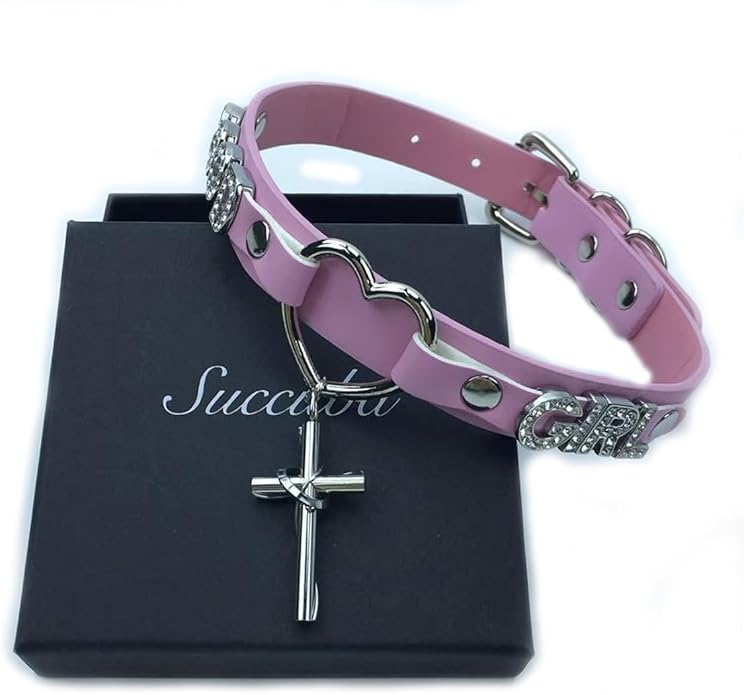 Succuba Handmade Heart Ring Rhinestone Letter Pu Leather Choker Collar Necklace for Women and Men