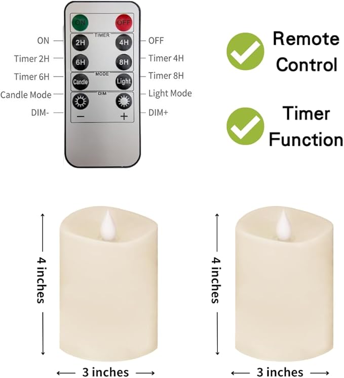 3x4 Flickering Flameless Candles Set of 2,4 inch Real Wax LED 600 Hours Battery Candles with Timer Remote,Control for Wedding Party Indoo,Ivory