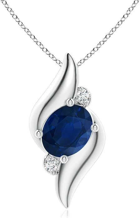 Angara Natural Blue Sapphire Pendant for Women | Shell Style Oval Sapphire and Diamond Pendant in 14K Solid Gold/Silver/Platinum With 18" Chain | September Birthday, Gemstone Jewelry Gift
