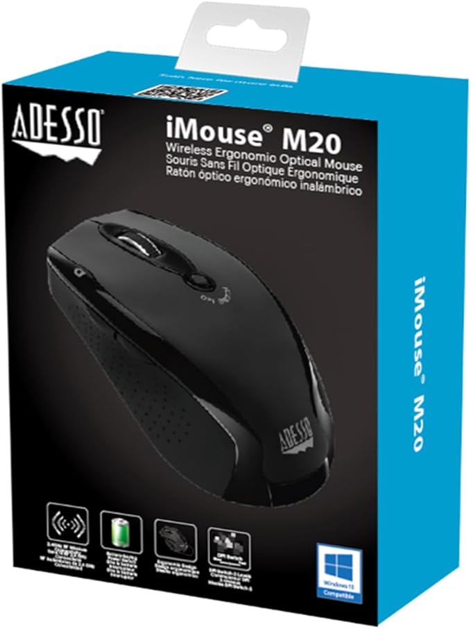 Adesso iMouse M20B - Wireless Ergonomic Optical Mouse, Black