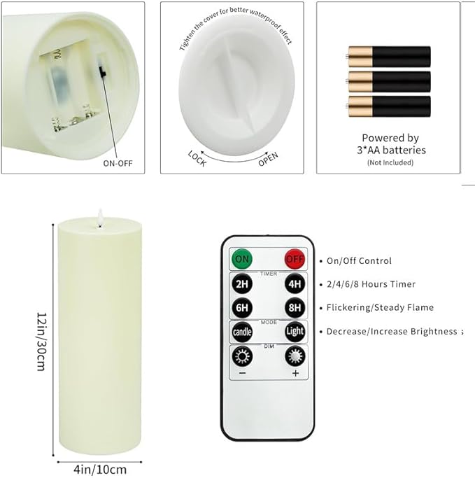 12" x 4" Large Outdoor Candle with Timer Waterproof Flickering LED Flameless Candle Battery Operated with Remote Fake Pillar Candle Realistic for Patio Porch Lantern, Ivory 1 Pack
