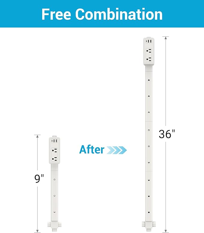 Outlet Extender Stick | Free Combination | USB-A, USB-C Port, 2 AC Outlets, Extend 9” to 36”, 360° Combine| Plug Extender | Put Behind Nightstands, Sofa, Bed, Cabinet etc.