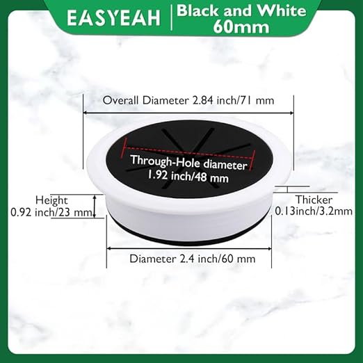 2 Pcs Desk Grommet 2-3/8" / 60 mm, Desk Hole Cover for Cables Black and White, Cable Grommet ABS Plastic, Desk Hole Grommet for Home & Office Pc, Detachable Cable Cord Organizer