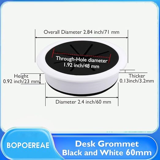 Desk Grommet 2-3/8" (60 mm), Desk Hole Cover for Cables White and Black, Cable Grommet ABS Plastic, Desk Hole Grommet for Office and Home Table Cable, Flexible Cable Cord Organizer-2 Pcs