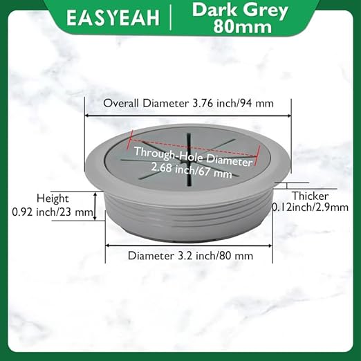 2 Pcs Desk Grommet 3-1/8" / 80 mm, Desk Hole Cover for Cables Dark Grey, Cable Grommet ABS Plastic, Desk Hole Grommet for Home & Office Pc, Detachable Cable Cord Organizer