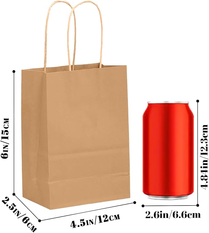 qiqee 200-Packs Brown Paper Gift Bags with Handles Bulk 4.5"x2.5"x6" Mini Size Paper Bags Multiple Uses