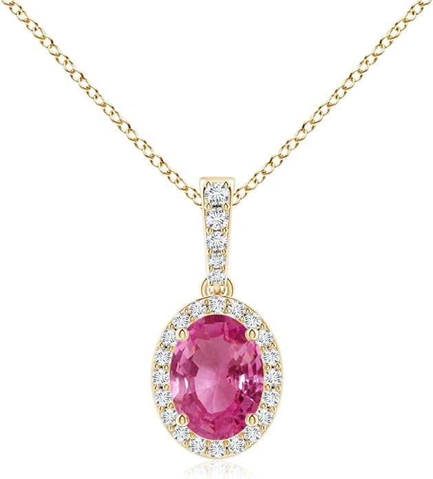 Angara Natural Pink Sapphire Pendant for Women | Vintage Style Oval Pink Sapphire Halo Pendant in 14K Solid Gold/Platinum With 18" Chain | Birthday, Anniversary, Gemstone Jewelry Gift