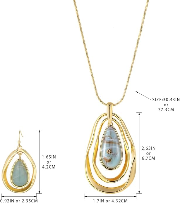 Madison Tyler Gold Plated Jewelry Set for Women | Silver Teardrop Pendant Necklace Trendy | Long Necklace with Snake Chain | Fashion Dangle Earring Set