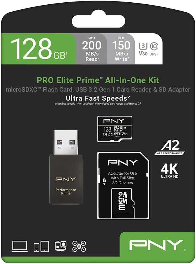 PNY 128GB PRO Elite Prime™ C10 U3 V30 A2 microSDXC Flash Memory Card & Performance Prime™ Reader – Ultra-Fast Speeds, Read 200MB/s, Write 150MB/s, 4K UHD, UHS-I, For Smartphones, Drones, Action Camera