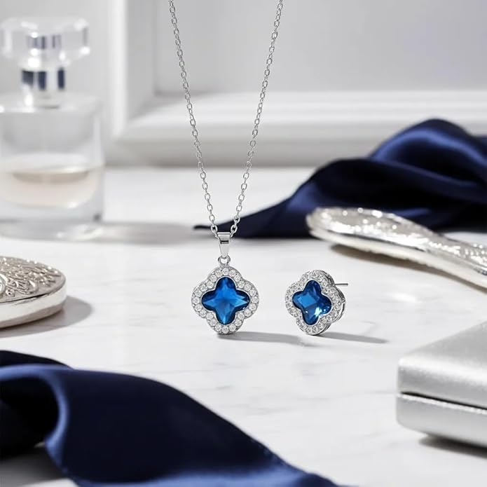 Four Leaf Clover Necklace and Earrings Set for Women, Clover Jewelry Set with Pendant Necklace and Stud Earrings, Brilliant Cubic Zirconia, Polished Metal Setting, Hypoallergenic, & Lightweight