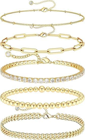 DEARMAY Dainty Silver Plated Bracelets for Women Trendy, Silver Jewelry Set for Women Bracelets for Women Paperclip Box Herringbone Figaro Rope Chain Bracelet Fashion Pack Gifts for Women