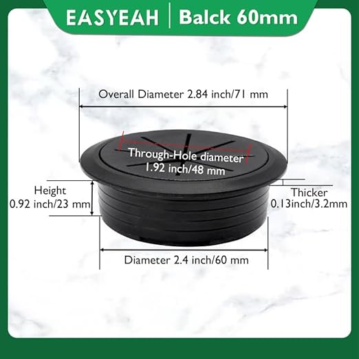 5 Pcs Desk Grommet 2-3/8" / 60 mm, Desk Hole Cover for Cables Black, Cable Grommet ABS Plastic, Desk Hole Grommet for Home & Office Pc, Detachable Cable Cord Organizer