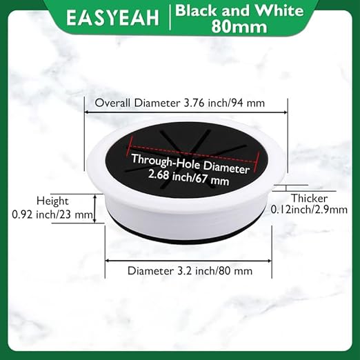 2 Pcs Desk Grommet 3-1/8" / 80 mm, Desk Hole Cover for Cables Black and White, Cable Grommet ABS Plastic, Desk Hole Grommet for Home & Office Pc, Detachable Cable Cord Organizer