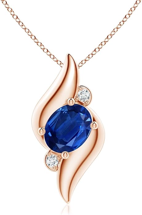 Angara Natural Blue Sapphire Pendant for Women | Shell Style Oval Sapphire and Diamond Pendant in 14K Solid Gold/Silver/Platinum With 18" Chain | September Birthday, Gemstone Jewelry Gift