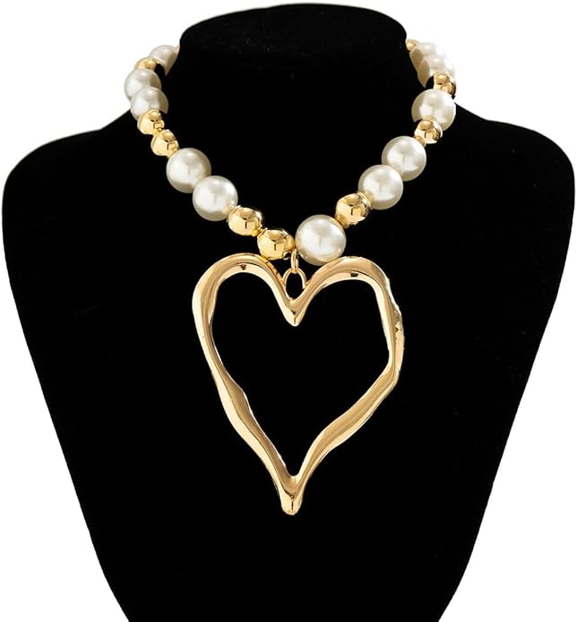 Y2k Large Heart Necklaces for Women Chunky Love Pearl Ball Beads Choker Necklaces Exaggerated Big Hollow Heart Pendant Necklace Statement Jewelry Gifts