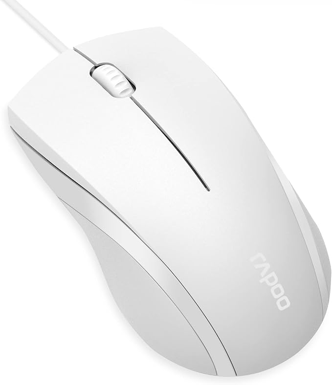 Rapoo N1600 3-Button Quiet Wired Mouse, 1000DPI Optical Mouse, Quiet Button, Ergonomic Shape, for Desktop Computers Laptops, Matte White