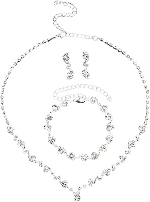 Bling Silver Jewelry Set for Women Trendy Wedding Jewelry Sets for Brides Sparkly Cubic Zirconia Necklace Earring Sets for Women Prom Accessories