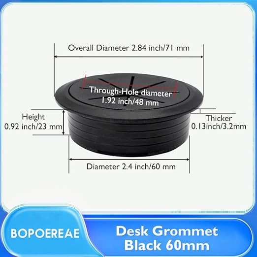 Desk Grommet 2-3/8" (60 mm), Desk Hole Cover for Cables Black, Cable Grommet ABS Plastic, Desk Hole Grommet for Office and Home Table Cable, Detachable & Flexible Cable Cord Organizer-2 Pcs