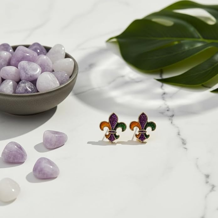 MardiGras Stud Earrings for Women Glitter Delicate Compact Flower Mask Hat Lips Stud Earring Charm Green Purple Gold Carnival Earring Cute MardiGras Jewelry Accessories for Women