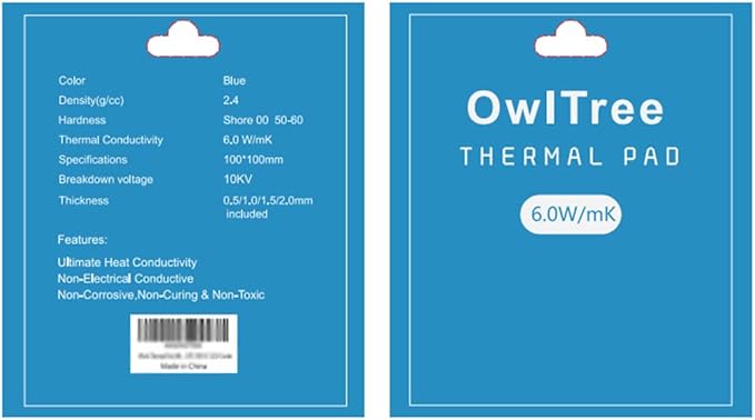 OwlTree 4 Pack Thermal Pad,100x100mm 0.5mm 1mm 1.5mm 2mm Highly Efficient Thermal Conductivity 6.0 W/mK,Heat Resistant Silicone Thermal Pads for Laptop Heatsink CPU GPU SSD IC LED Cooler