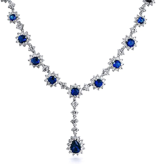 Elegant Vintage Estate-Inspired Bridal Jewelry Set - 5 CTW Oval Crown Halo Statement Necklace & Chandelier Earrings with AAA Cubic Zirconia CZ Simulated Gemstones, Silver Plated, for Women